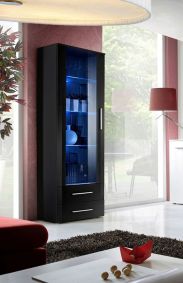 Dunkler Vitrinenschrank Salmeli 16, Farbe: Schwarz - Abmessungen: 190 x 60 x 40 cm (H x B x T), mit zwei Schubladen