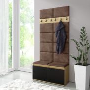 Kleine Garderobe 01 Sitzbank/Schuhschrank gepolstert | Farbe Artisan/Schwarz/Brown | 215 x 100 x 40 cm | für 8 Paar Schuhe | 6 Kleiderhaken | 4 Fächer