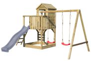 Spielturm S4B inkl. Wellenrutsche, Doppelschaukel-Anbau, Balkon, Sandkasten, Kletterwand und Holzleiter - Abmessungen: 450 x 330 cm (B x T)