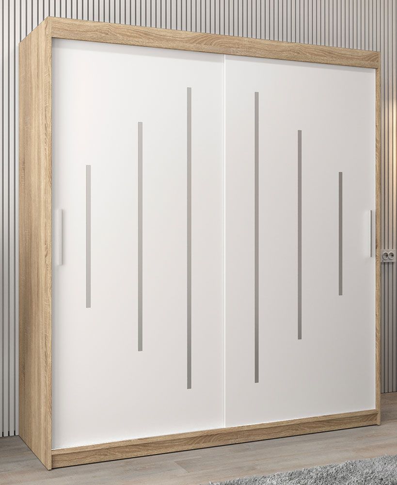  Schiebetürenschrank / Kleiderschrank Pilatus 04, Farbe: Eiche Sonoma / Weiß matt - Abmessungen: 200 x 180 x 62 cm (H x B x T)