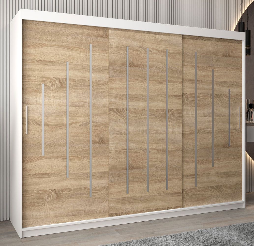 Schiebetürenschrank / Kleiderschrank Pilatus 06, Farbe: Weiß matt / Eiche Sonoma - Abmessungen: 200 x 250 x 62 cm (H x B x T)