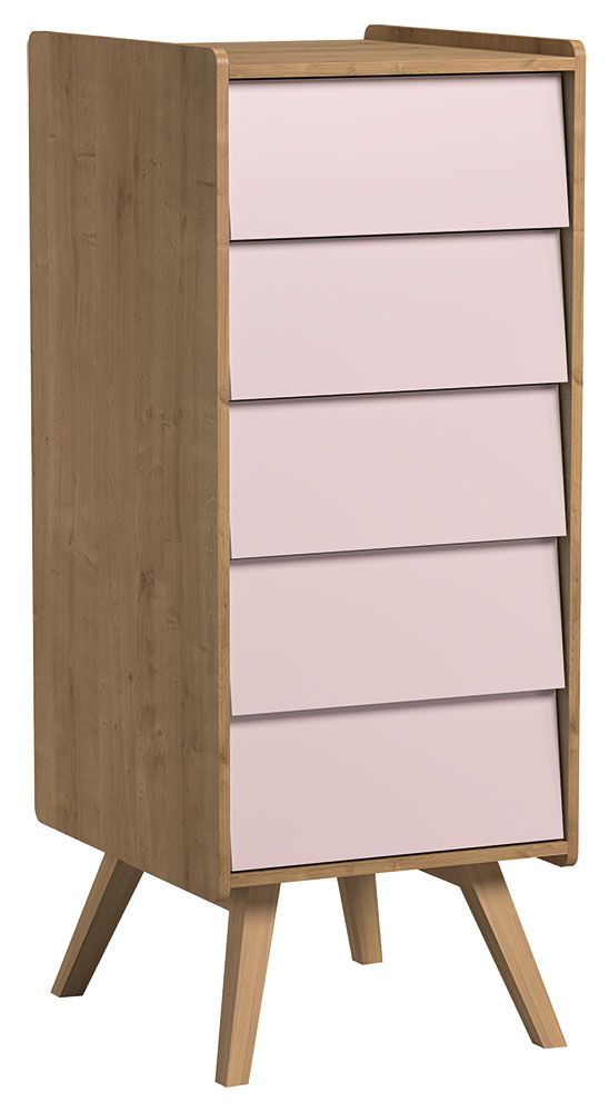 Kommode Jorinde 12, Farbe: Eiche / Rosa - Abmessungen: 128 x 51 x 41 cm (H x B x T)