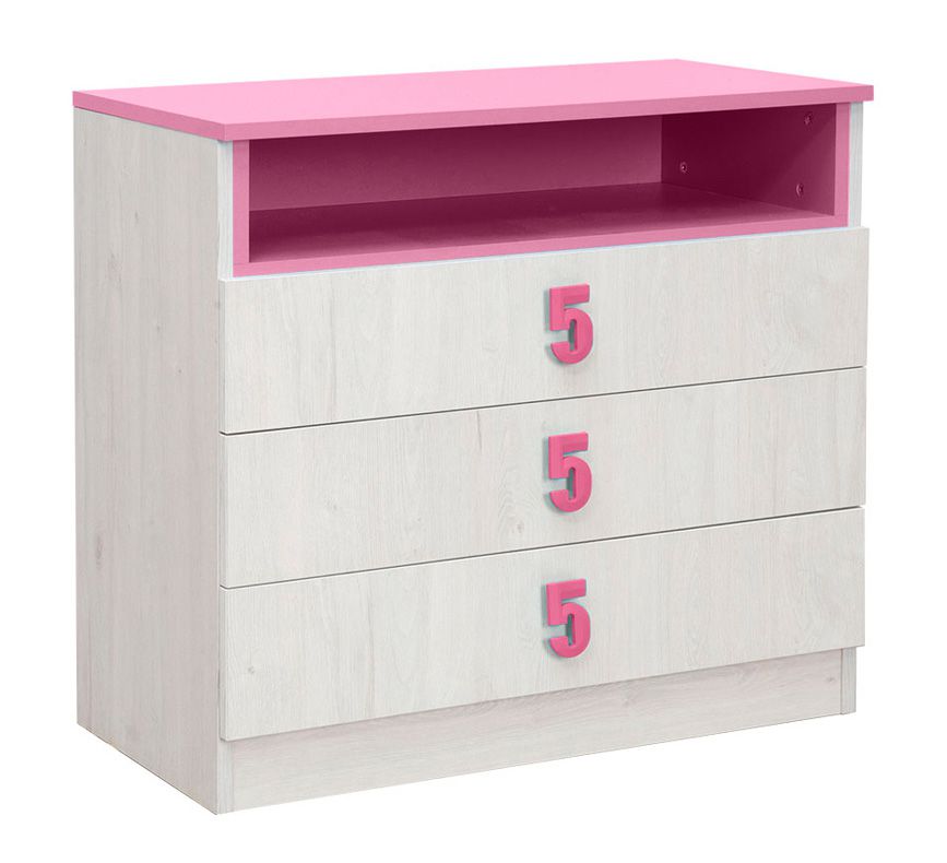 Kinderzimmer - Kommode Luis 13, Farbe: Eiche Weiß / Rosa - 75 x 80 x 52 cm (H x B x T)