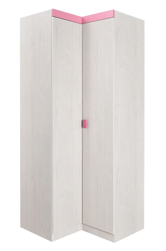 Kinderzimmer - Drehtürenschrank / Eckkleiderschrank Luis 22, Farbe: Eiche Weiß / Rosa - 218 x 91/93 x 52 cm (H x B x T)