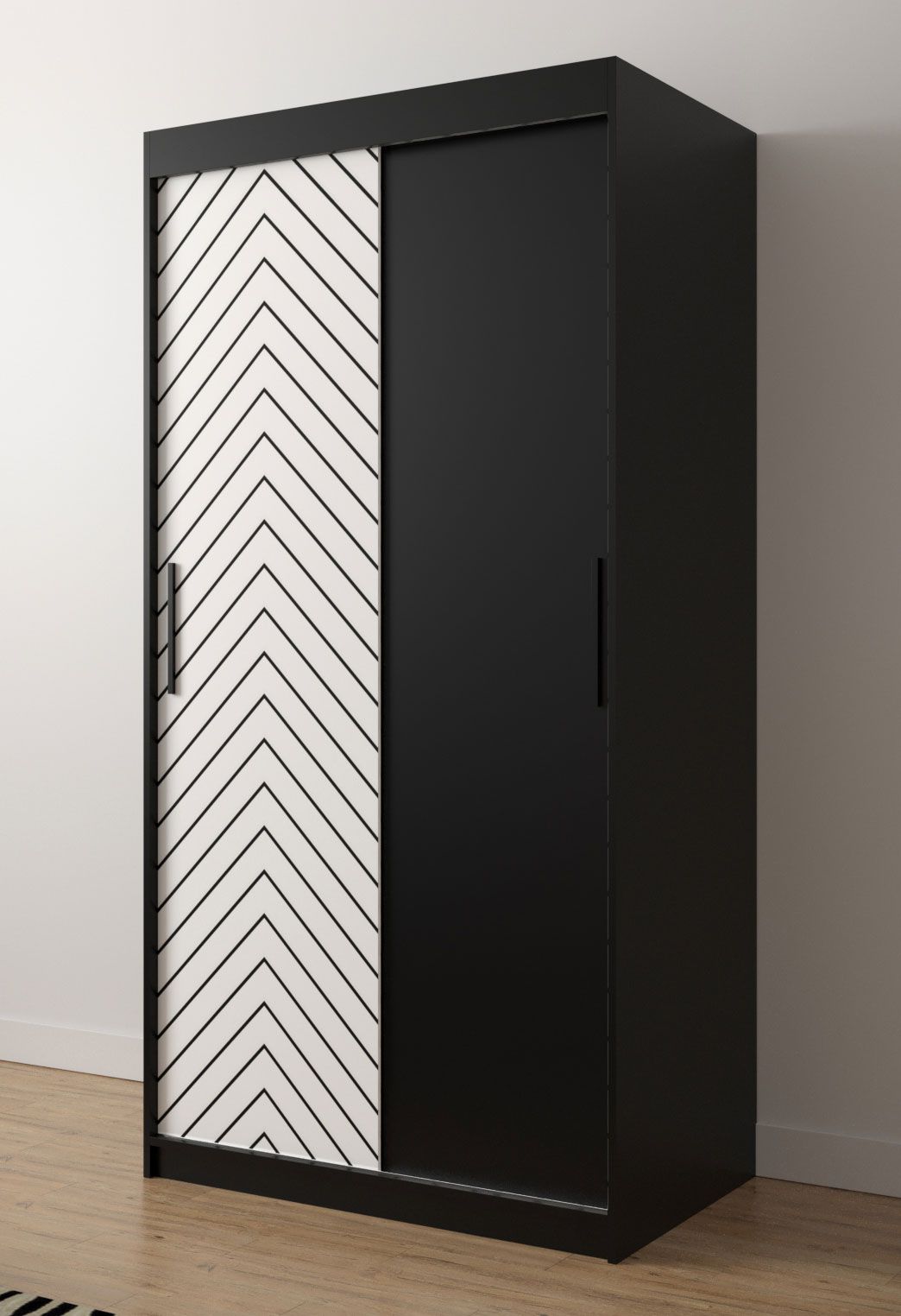 Kleiderschrank mit modernen Design Mulhacen 06, Farbe: Schwarz matt / Weiß matt - Abmessungen: 200 x 100 x 62 cm (H x B x T), mit fünf Fächern und zwei Kleiderstangen