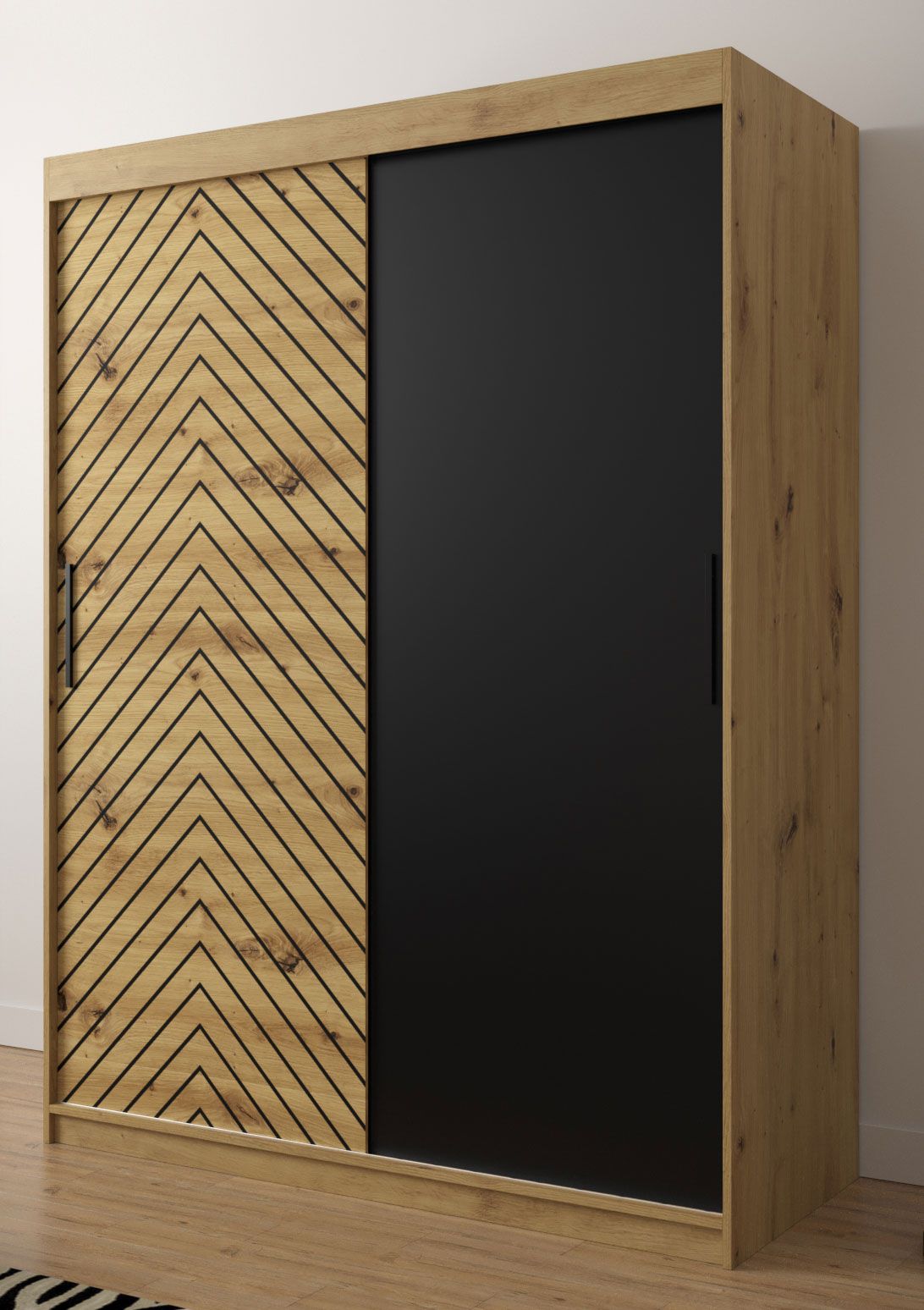 Kleiderschrank im stylischen Design Mulhacen 13, Farbe: Eiche Artisan / Schwarz matt - Abmessungen: 200 x 150 x 62 cm (H x B x T), mit fünf Fächern und zwei Kleiderstangen