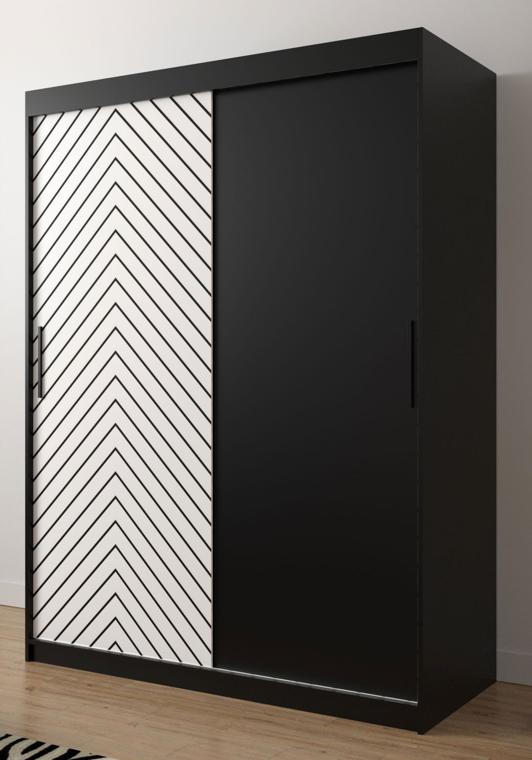 Außergewöhnlicher Kleiderschrank Mulhacen 18, Farbe: Schwarz matt / Weiß matt - Abmessungen: 200 x 150 x 62 cm (H x B x T), mit fünf Fächern und zwei Kleiderstangen