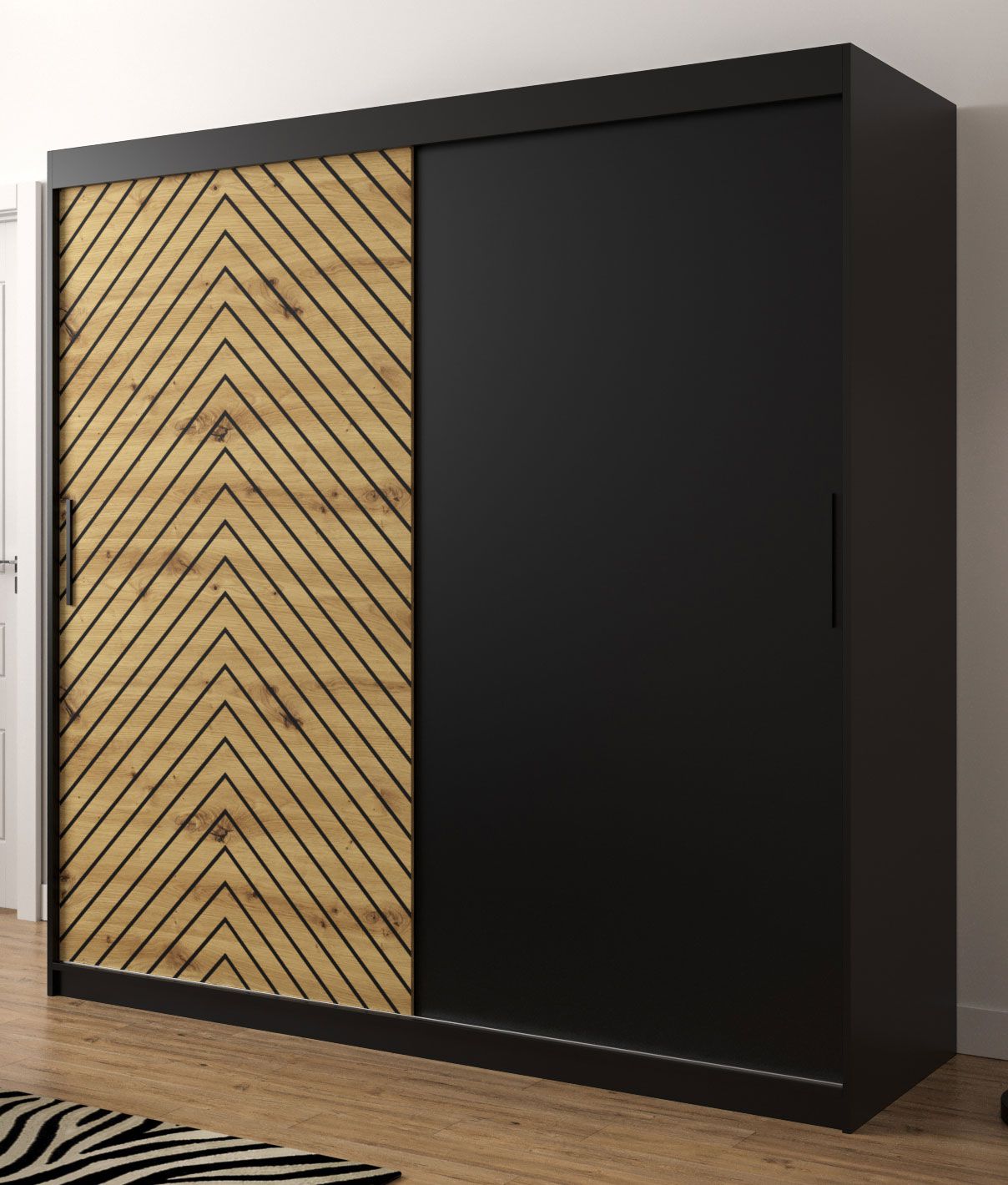 Kleiderschrank im stylischen Stil Mulhacen 29, Farbe: Schwarz matt / Eiche Artisan - Abmessungen: 200 x 200 x 62 cm (H x B x T), mit 10 Fächern