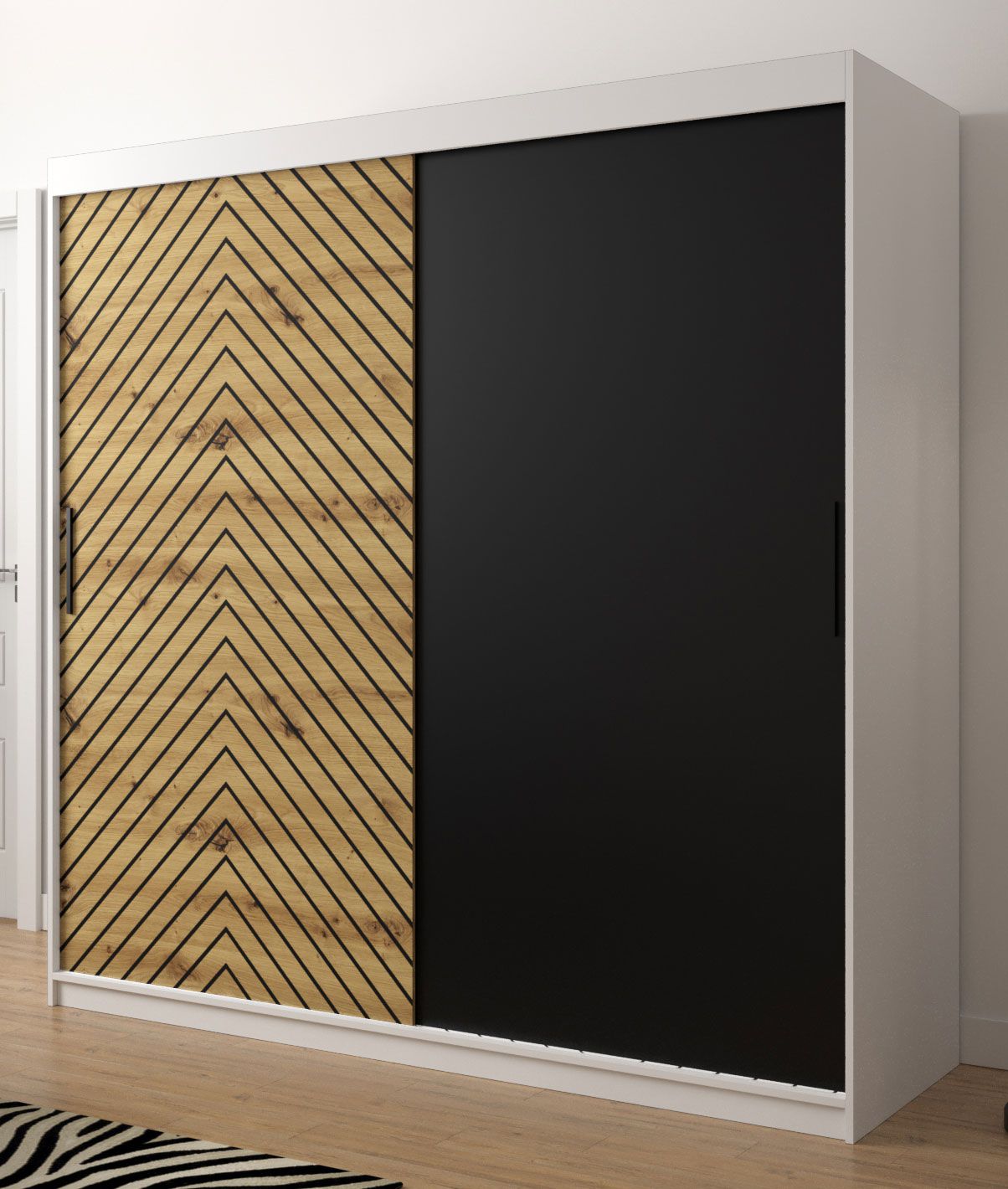 Neutraler Kleiderschrank Mulhacen 27, Farbe: Weiß matt / Eiche Artisan / Schwarz matt - Abmessungen: 200 x 200 x 62 cm (H x B x T), mit 10 Fächern und zwei Kleiderstangen