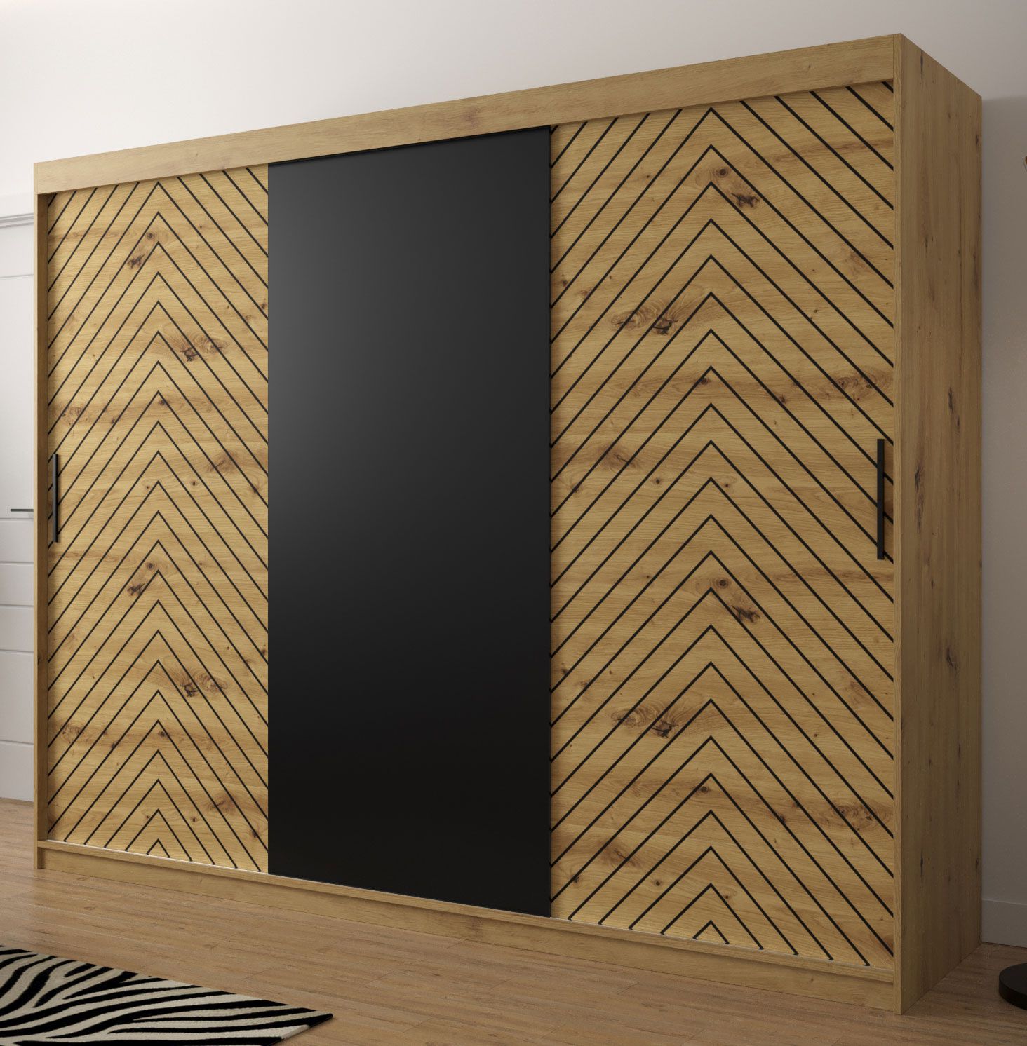 Kleiderschrank mit genügend Stauraum Mulhacen 31, Farben: Eiche Artisan / Schwarz matt - Abmessungen: 200 x 250 x 62 cm (H x B x T), mit 10 Fächern