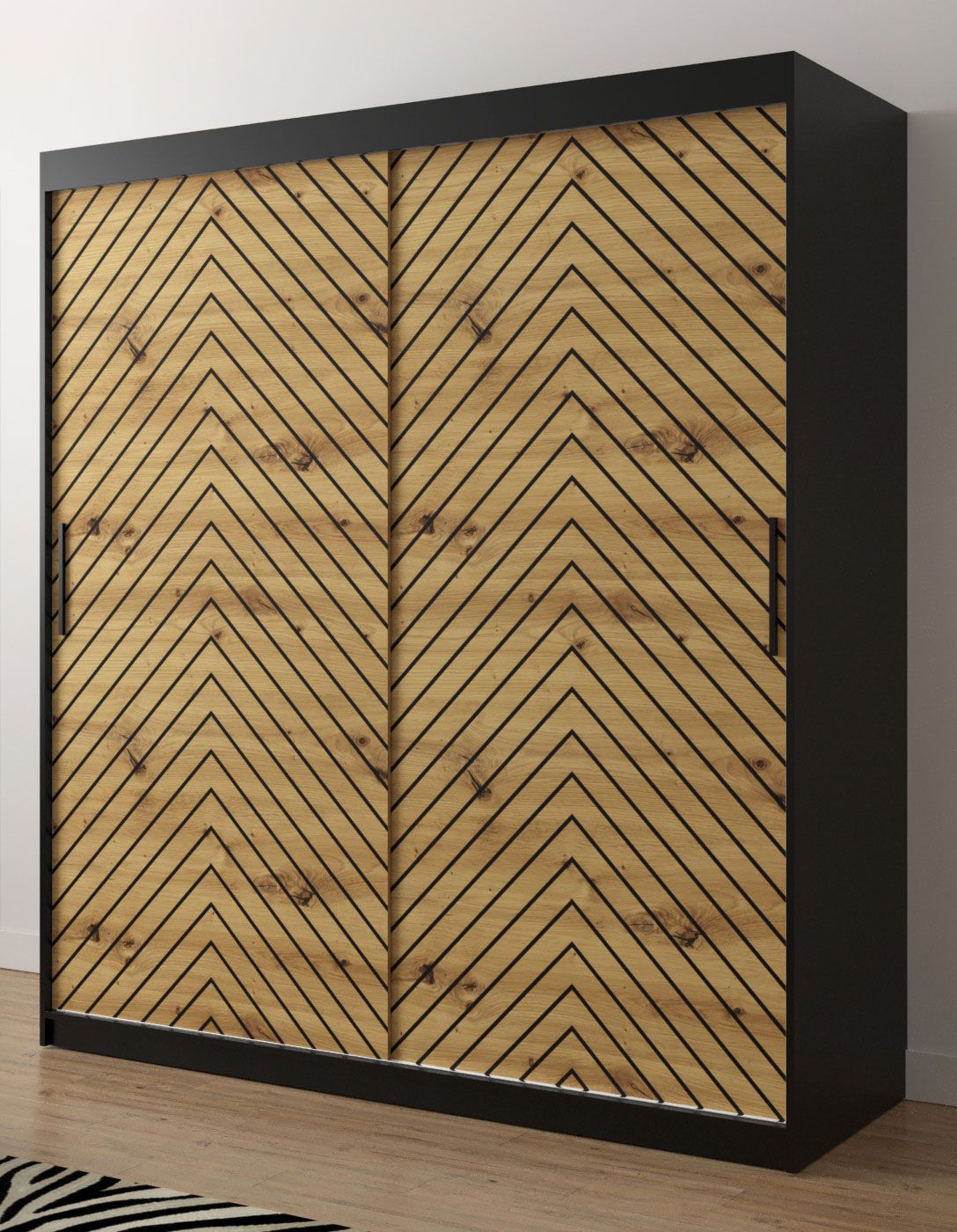 Eleganter Kleiderschrank Mulhacen 59, Farbe: Schwarz matt / Eiche Artisan - Abmessungen: 200 x 180 x 62 cm (H x B x T), mit 10 Fächern und zwei Kleiderstangen