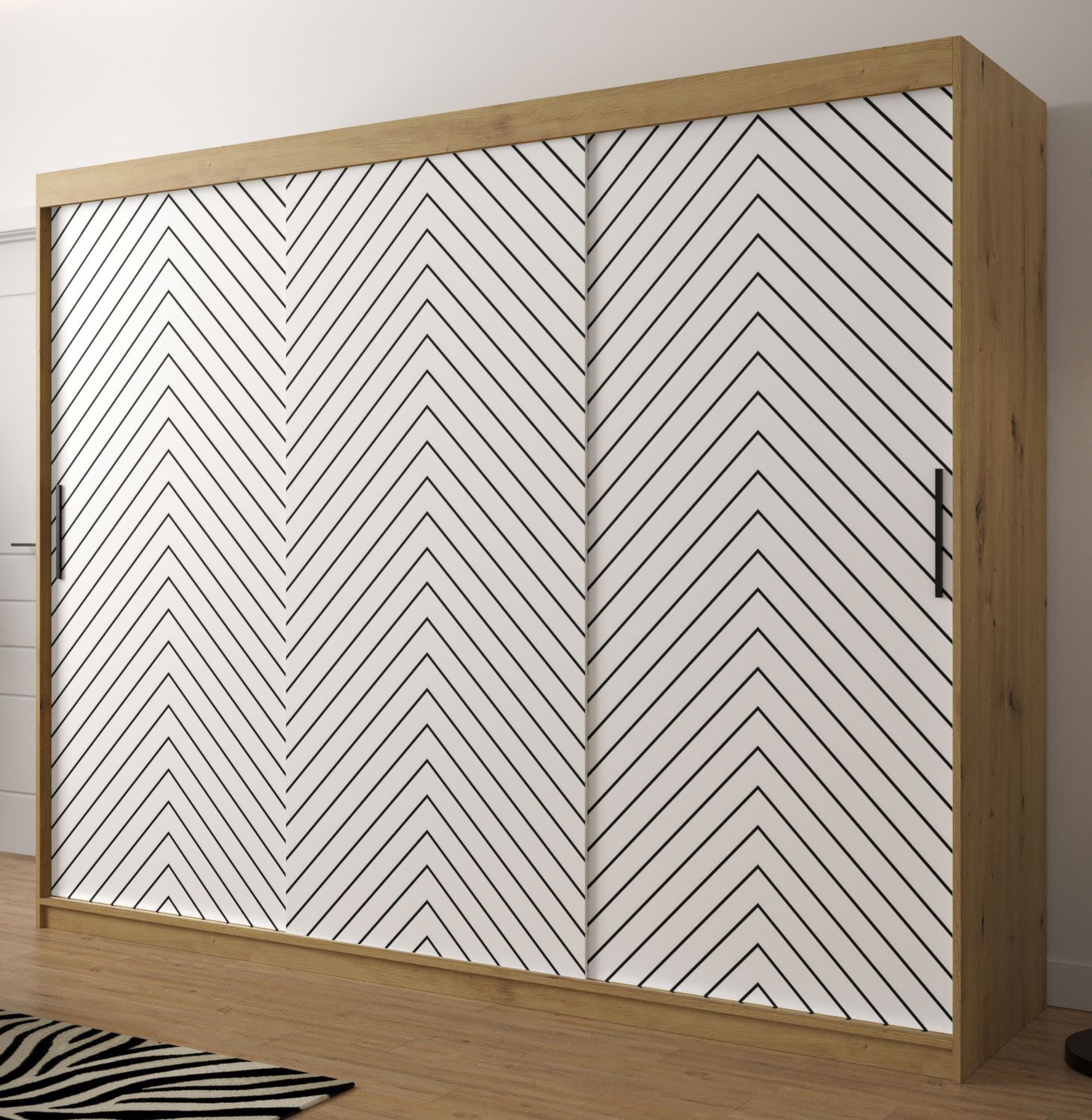 Kleiderschrank mit eleganten Design Mulhacen 68, Farbe: Eiche Artisan / Weiß matt / Schwarz matt - Abmessungen: 200 x 250 x 62 cm (H x B x T), mit genügend Stauraum