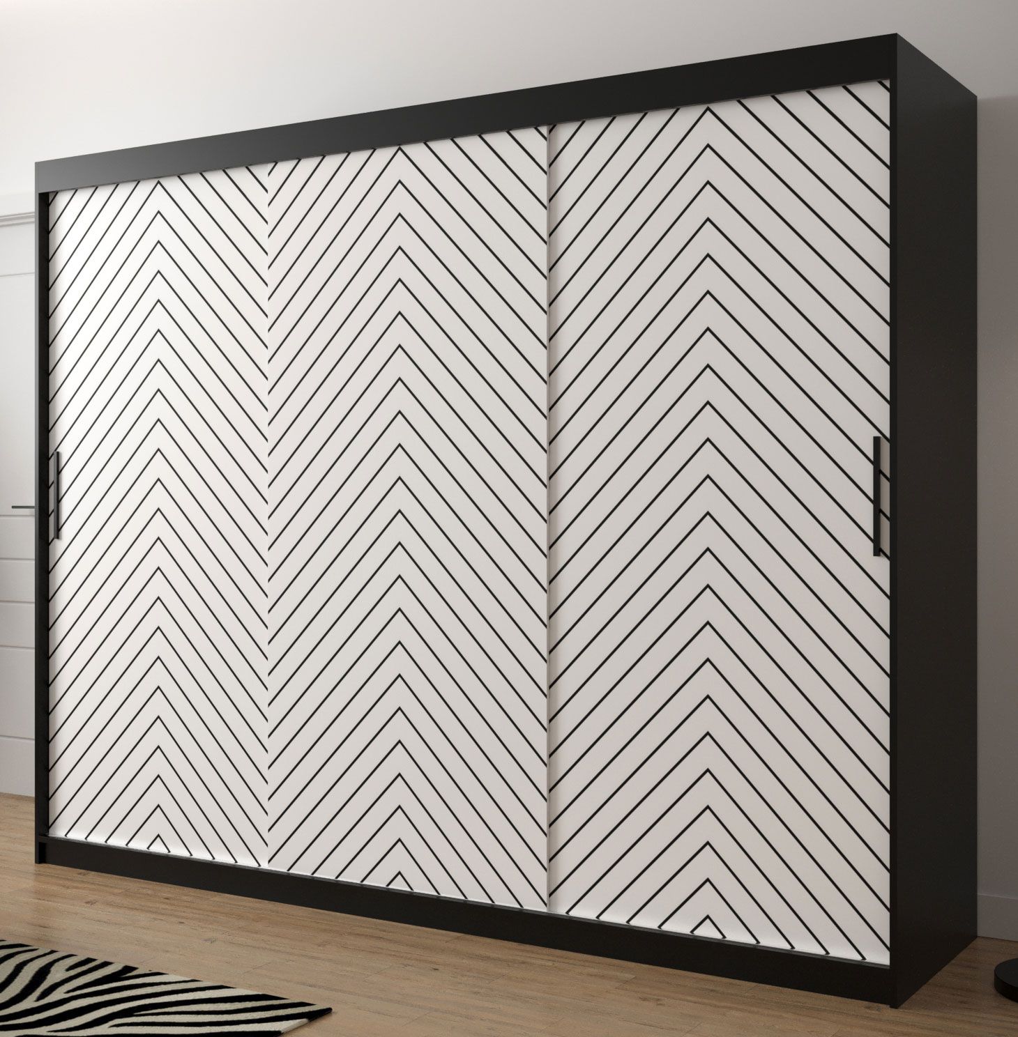 Moderner Kleiderschrank Mulhacen 72, Farbe: Schwarz matt / Weiß matt - Abmessungen: 200 x 250 x 62 cm (H x B x T), mit 10 Fächern und zwei Kleiderstangen