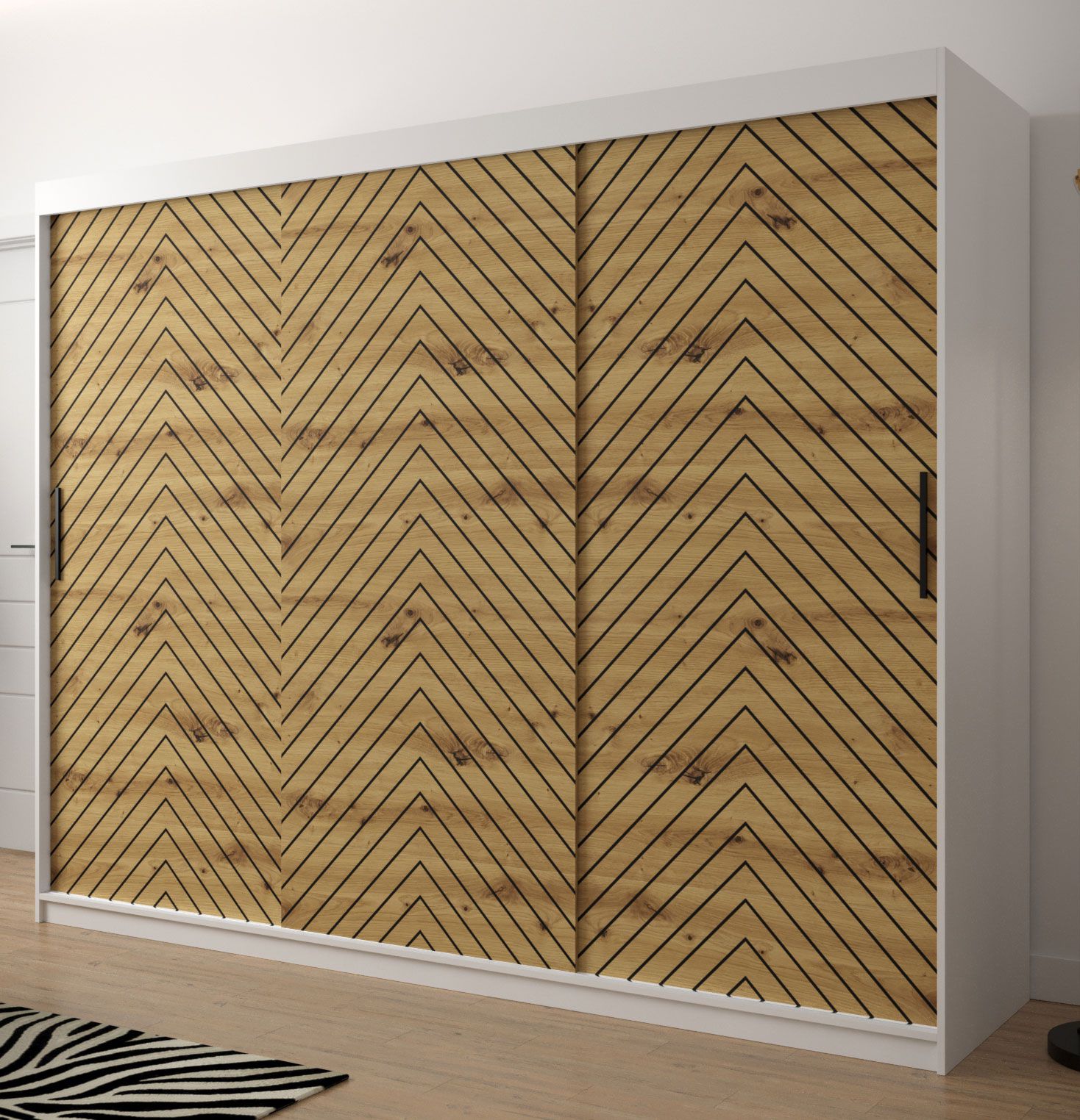 Eleganter Kleiderschrank mit genügend Stauraum Mulhacen 69, Farbe: Weiß matt / Eiche Artisan / Schwarz matt - Abmessungen: 200 x 250 x 62 cm (H x B x T), mit 10 Fächern und zwei Kleiderstangen