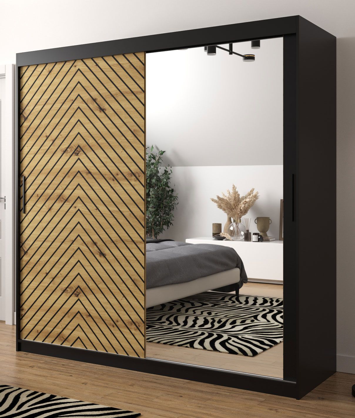 Kleiderschrank mit modernen Design Mulhacen 101, Farbe: Schwarz matt / Eiche Artisan - Abmessungen: 200 x 200 x 62 cm (H x B x T), mit 10 Fächern und zwei Kleiderstangen