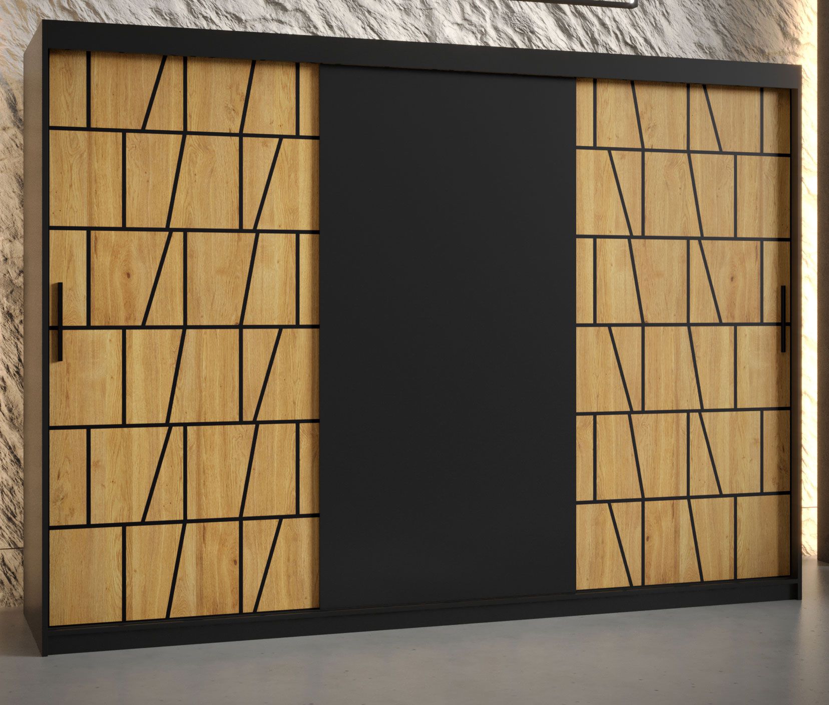 Großer Kleiderschrank mit genügend Stauraum Olperer 06, Farbe: Schwarz matt - Abmessungen: 200 x 250 x 62 cm (H x B x T), mit modernen Muster