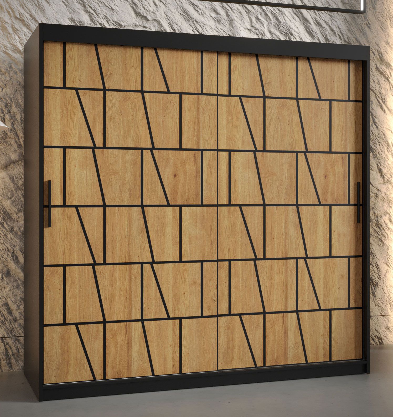 Kleiderschrank mit modernen Muster Olperer 10, Farbe: Schwarz matt - Abmessungen: 200 x 180 x 62 cm (H x B x T), mit 10 Fächern