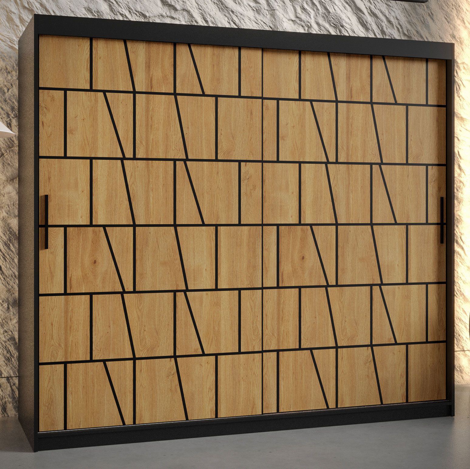 Kleiderschrank mit modernen Muster Olperer 11, Farbe: Schwarz matt - Abmessungen: 200 x 200 x 62 cm (H x B x T)