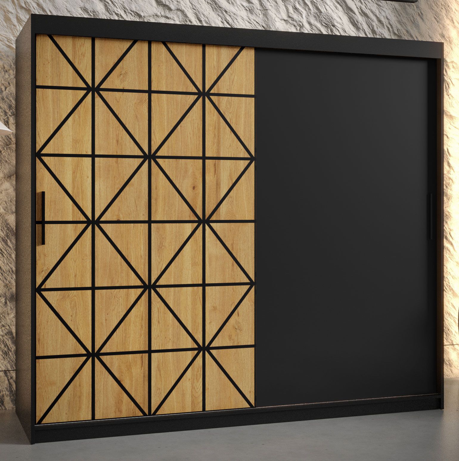 Eleganter Kleiderschrank mit Muster Zumsteinspitze 05, Farbe: Schwarz matt - Abmessungen: 200 x 200 x 62 cm (H x B x T), mit 10 Fächern und zwei Kleiderstangen