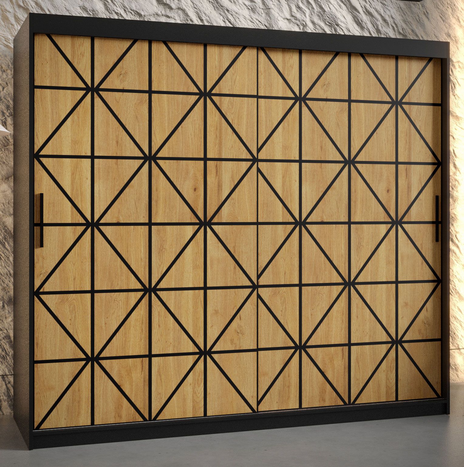 Eleganter Kleiderschrank mit Muster Fronten Zumsteinspitze 11, Farbe: Schwarz matt - Abmessungen: 200 x 200 x 62 cm (H x B x T), mit 10 Fächern