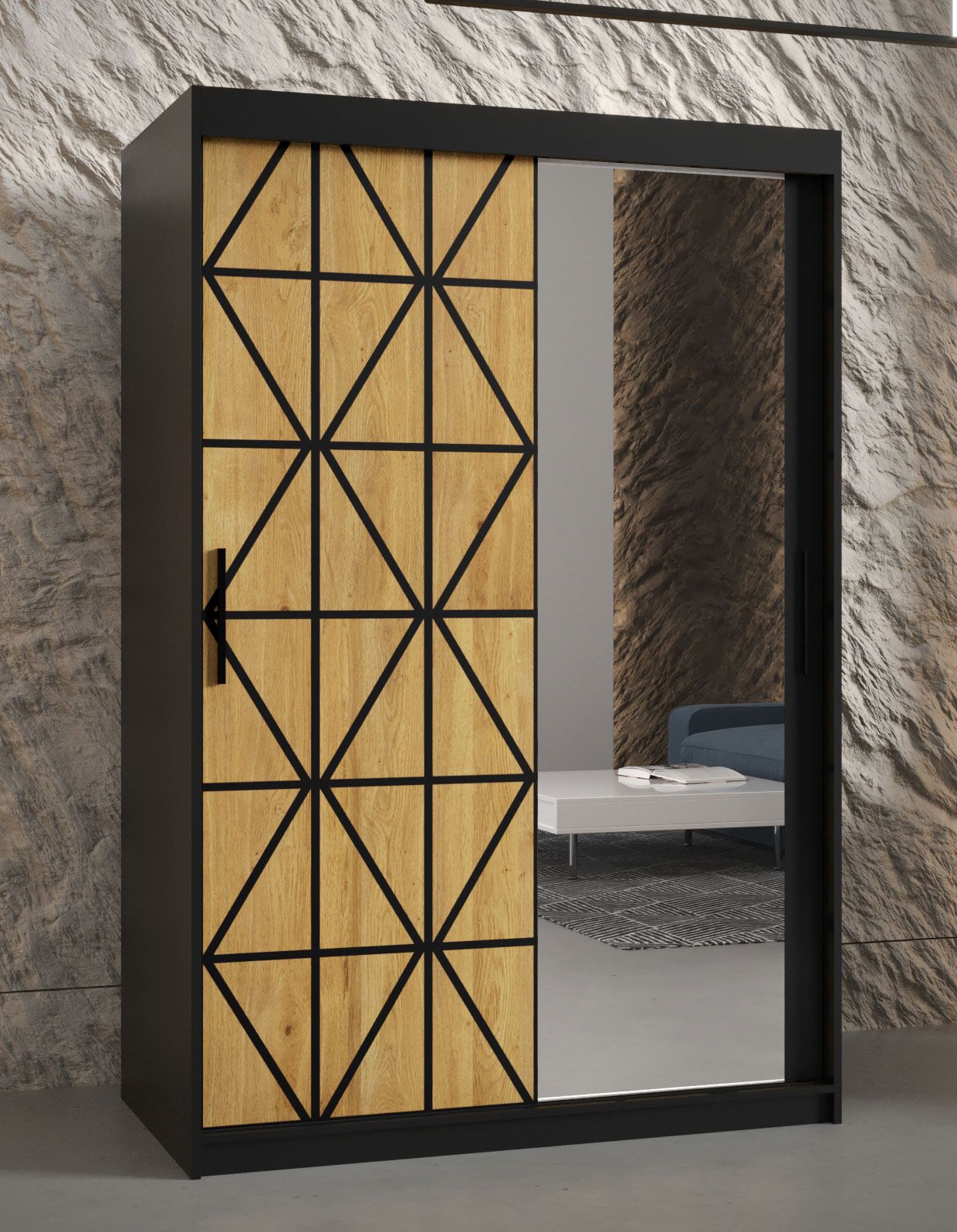 Außergewöhnliche Kleiderschrank mit fünf Fächern Zumsteinspitze 14, Farbe: Schwarz matt - Abmessungen: 200 x 120 x 62 cm (H x B x T), mit einer Spiegeltür