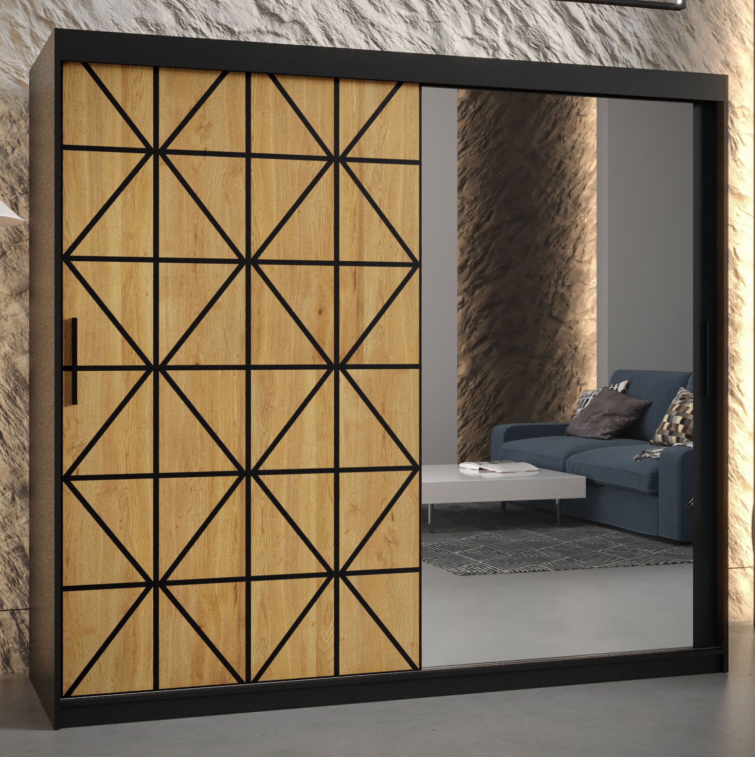 Eleganter Kleiderschrank mit einer Spiegeltür Zumsteinspitze 17, Farbe: Schwarz matt - Abmessungen: 200 x 200 x 62 cm (H x B x T), mit 10 Fächern und zwei Kleiderstangen