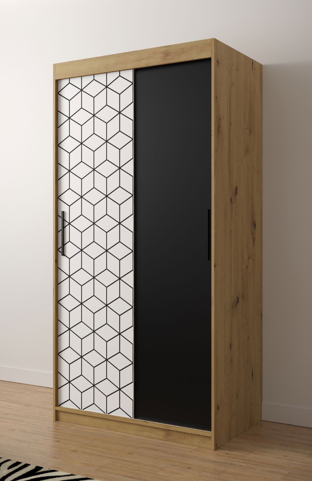 Moderner Kleiderschrank mit stylischen Design Dom 02, Farbe: Eiche Artisan / Weiß matt / Schwarz matt - Abmessungen: 200 x 100 x 62 cm (H x B x T), mit fünf Fächern und zwei Kleiderstangen