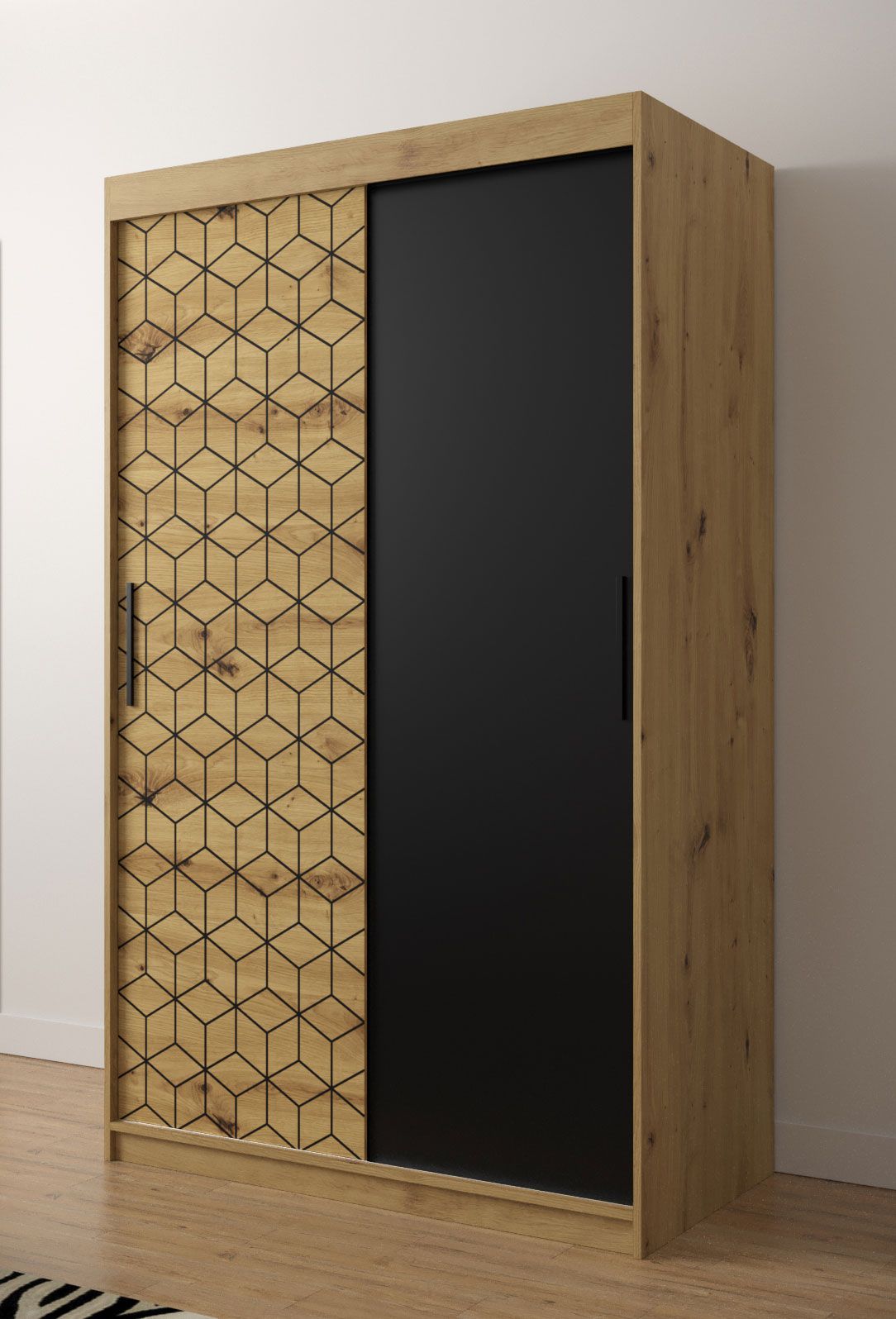 Außergewöhnlicher Kleiderschrank mit genügend Stauraum Dom 07, Farbe: Eiche Artisan / Schwarz matt - Abmessungen: 200 x 120 x 62 cm (H x B x T), mit fünf Fächern und zwei Kleiderstangen