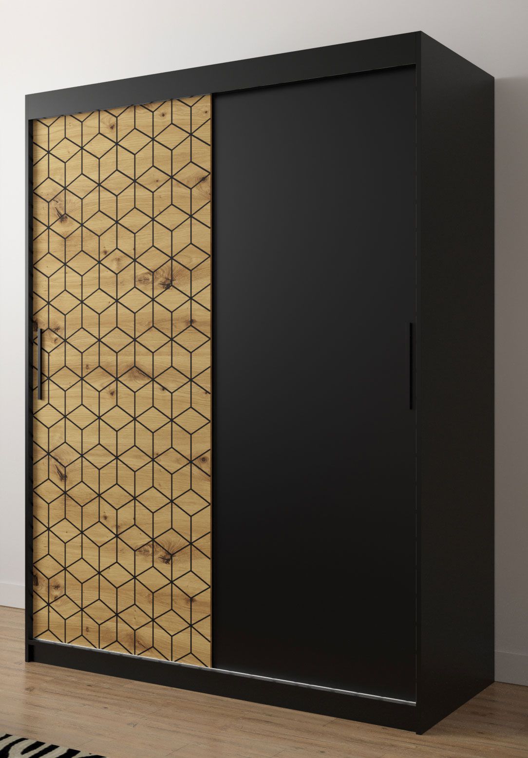 Edler Kleiderschrank mit genügend Stauraum Dom 17, Farbe: Schwarz matt / Eiche Artisan - Abmessungen: 200 x 150 x 62 cm (H x B x T), mit fünf Fächern und zwei Kleiderstangen