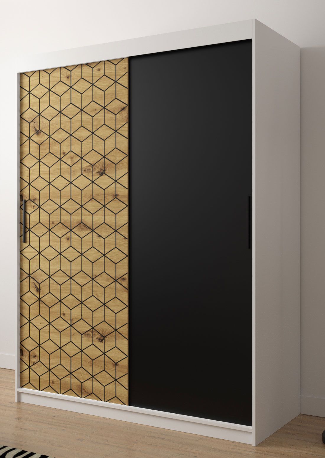 Außergewöhnlicher Kleiderschrank mit stylischen Design Dom 15, Farbe: Weiß matt / Eiche Artisan / Schwarz matt - Abmessungen: 200 x 150 x 62 cm (H x B x T), mit fünf Fächern