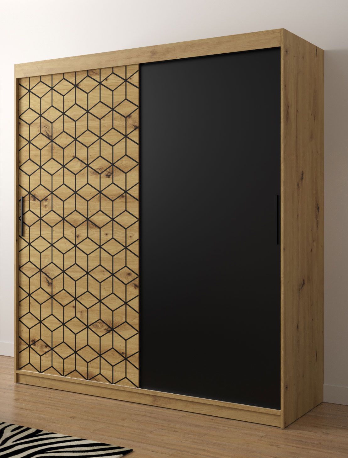 Moderner Kleiderschrank mit stylischen Muster Dom 19, Farbe: Eiche Artisan / Schwarz matt - Abmessungen: 200 x 180 x 62 cm (H x B x T), mit 10 Fächern und zwei Kleiderstangen