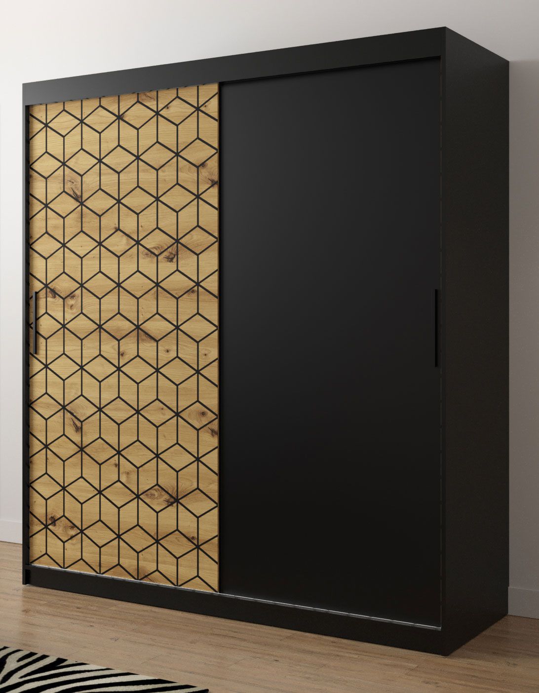 Kleiderschrank mit modernen Muster Dom 23, Farbe: Schwarz matt / Eiche Artisan - Abmessungen: 200 x 180 x 62 cm (H x B x T), mit genügend Stauraum