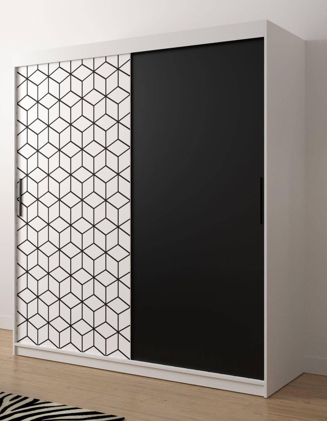 Schlichter Kleiderschrank mit modernen Muster Dom 22, Farbe: Weiß matt / Schwarz matt - Abmessungen: 200 x 180 x 62 cm (H x B x T), mit 10 Fächern und zwei Kleiderstangen