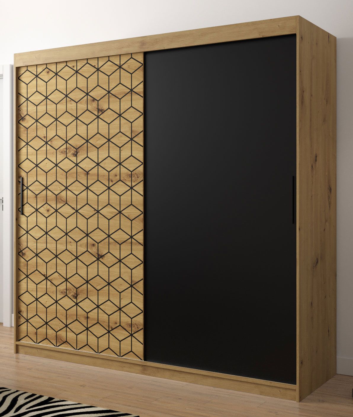 Moderner Kleiderschrank mit außergewöhnlichen Design Dom 25, Farbe: Eiche Artisan / Schwarz matt - Abmessungen: 200 x 200 x 62 cm (H x B x T), mit genügend Stauraum