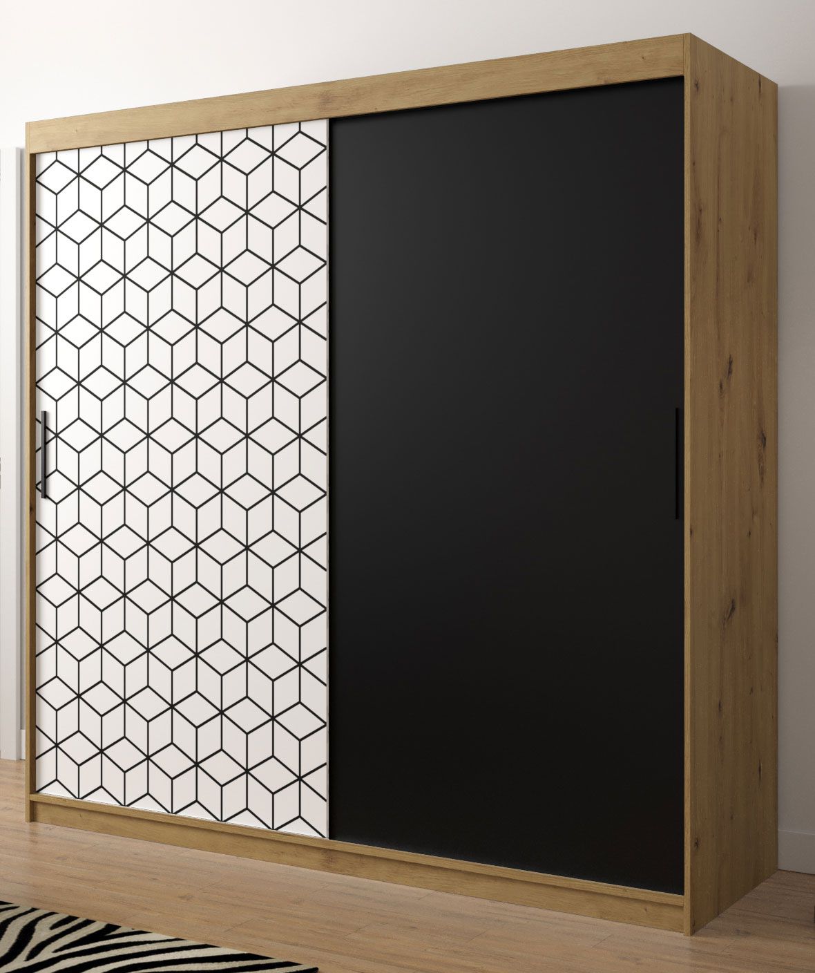 Eleganter Kleiderschrank mit erfrischenden Design Dom 27, Farbe: Eiche Artisan / Weiß matt / Schwarz matt - Abmessungen: 200 x 200 x 62 cm (H x B x T), mit 10 Fächern