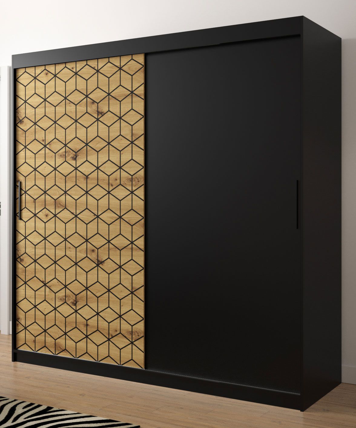 Kleiderschrank mit modernen Design Dom 29, Farbe: Schwarz matt / Eiche Artisan / Schwarz matt - Abmessungen: 200 x 200 x 62 cm (H x B x T), mit genügend Stauraum