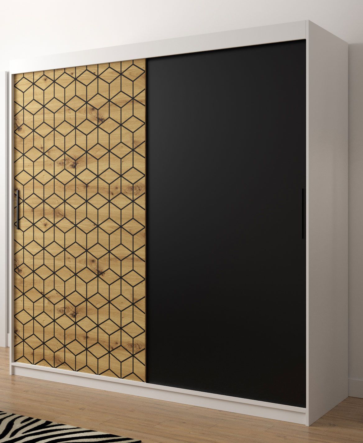 Außergewöhnlicher Kleiderschrank mit besonderen Muster Dom 27, Farbe: Weiß matt / Eiche Artisan / Schwarz matt - Abmessungen: 200 x 200 x 62 cm (H x B x T), mit 10 Fächern und zwei Kleiderstangen