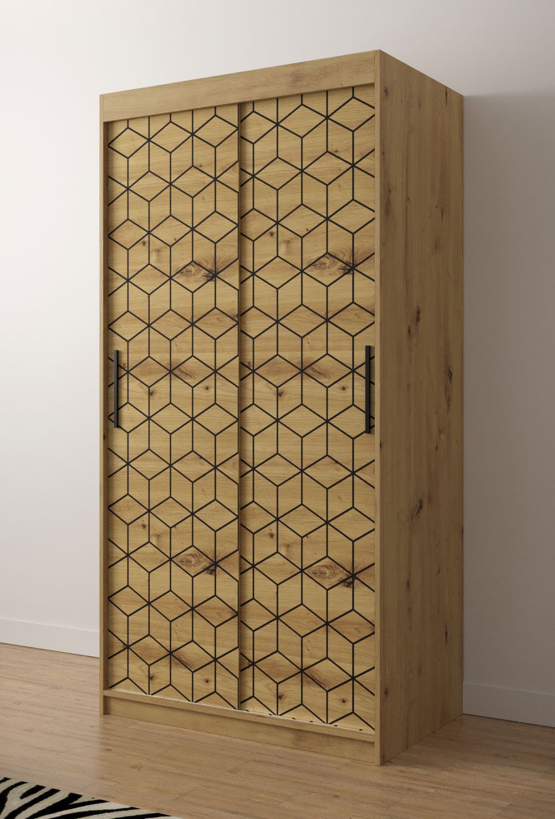 Schlichter Kleiderschrank mit zwei Kleiderstangen Dom 37, Farbe: Eiche Artisan - Abmessungen: 200 x 100 x 62 cm (H x B x T), mit genügend Stauraum