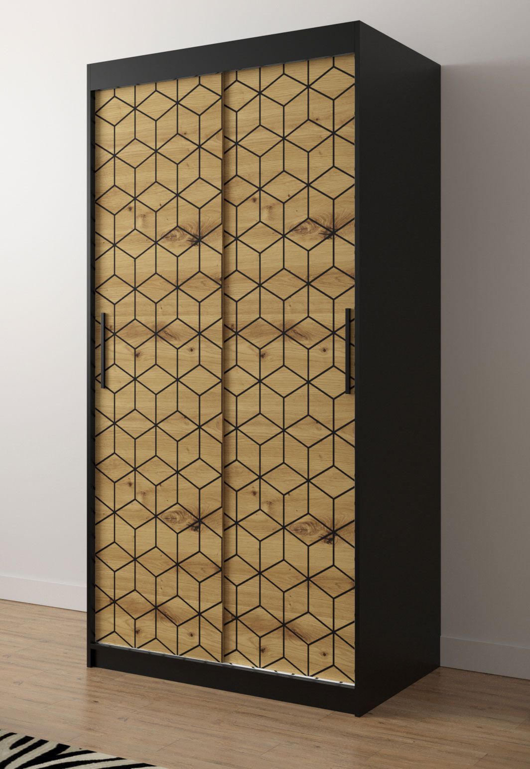 Eleganter Kleiderschrank mit erfrischenden Design Dom 41, Farbe: Schwarz matt / Eiche Artisan - Abmessungen: 200 x 100 x 62 cm (H x B x T), mit fünf Fächern