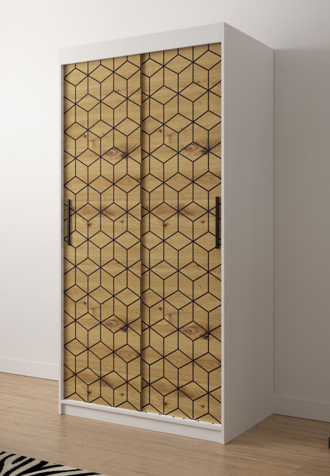 Moderner Kleiderschrank Dom 39, Farbe: Weiß matt / Eiche Artisan - Abmessungen: 200 x 100 x 62 cm (H x B x T), mit fünf Fächern und zwei Kleiderstangen