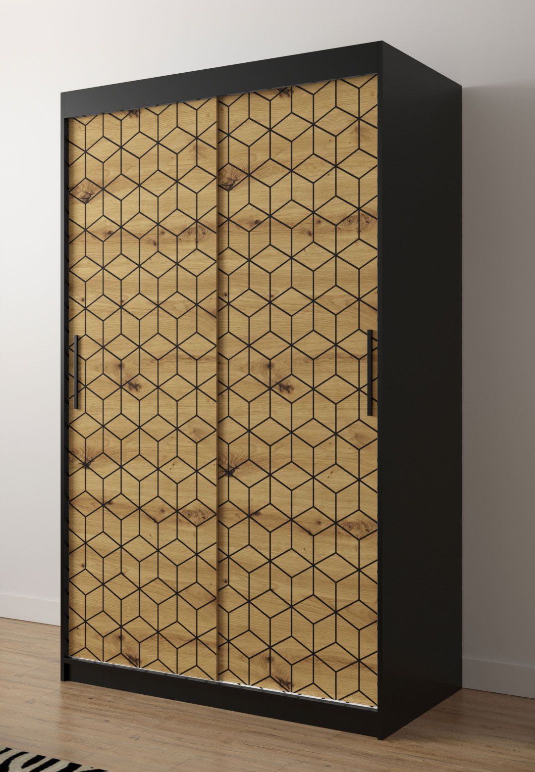 Neutraler Kleiderschrank mit modernen Muster Dom 47, Farbe: Schwarz matt / Eiche Artisan - Abmessungen: 200 x 120 x 62 cm (H x B x T), mit fünf Fächern