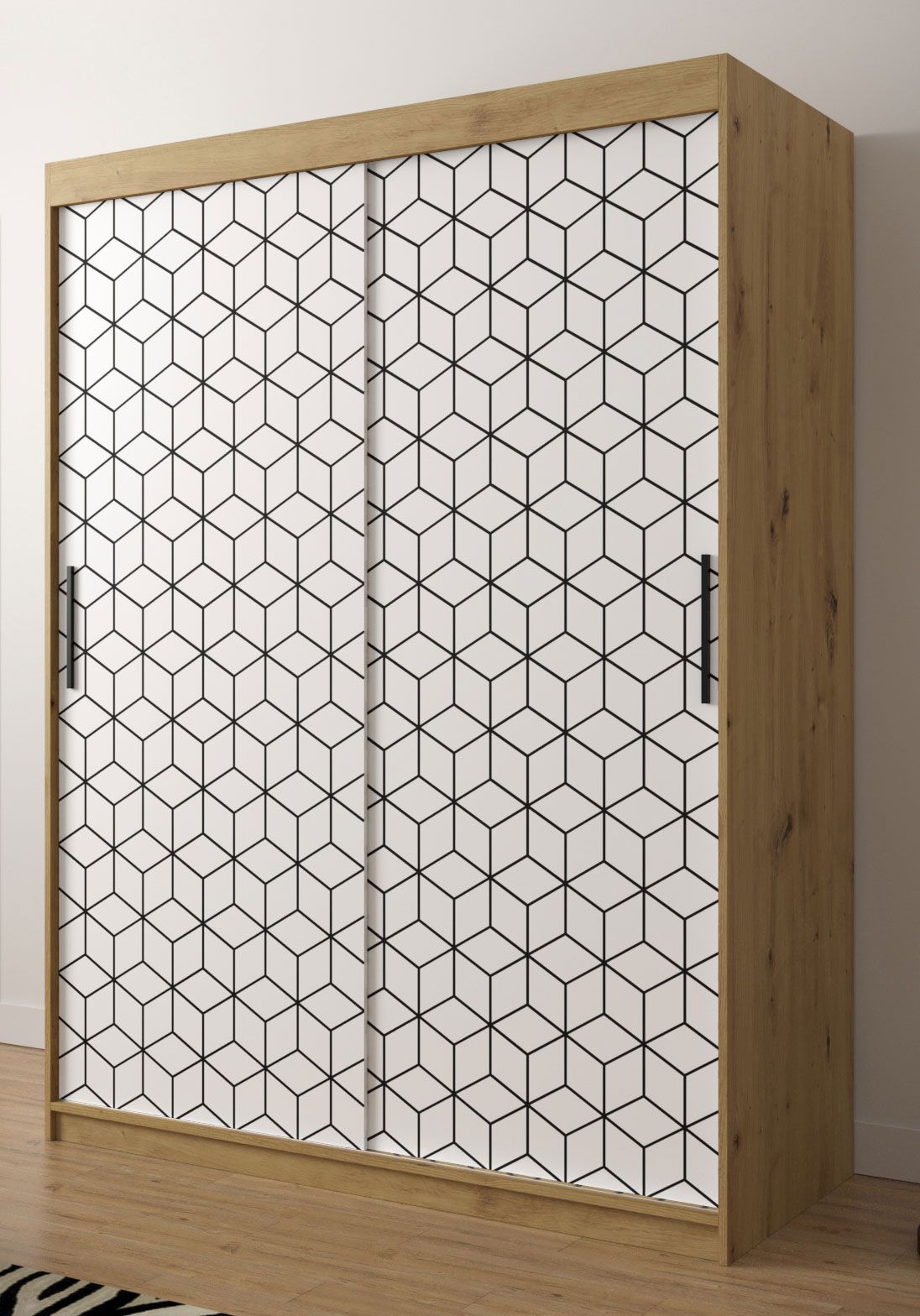 Schlichter Kleiderschrank mit modernen Design Dom 50, Farbe: Eiche Artisan / Weiß matt - Abmessungen: 200 x 150 x 62 cm (H x B x T), mit fünf Fächern und zwei Kleiderstangen