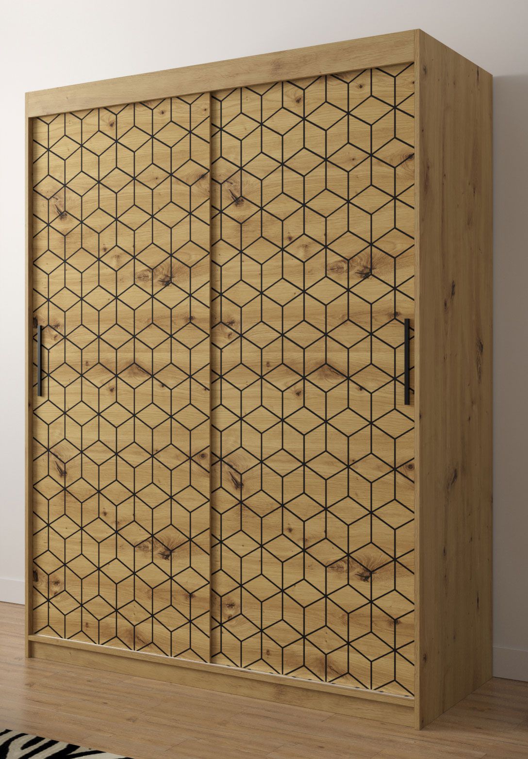 Kleiderschrank mit stylischen Muster Dom 49, Farbe: Eiche Artisan - Abmessungen: 200 x 150 x 62 cm (H x B x T), mit genügend Stauraum