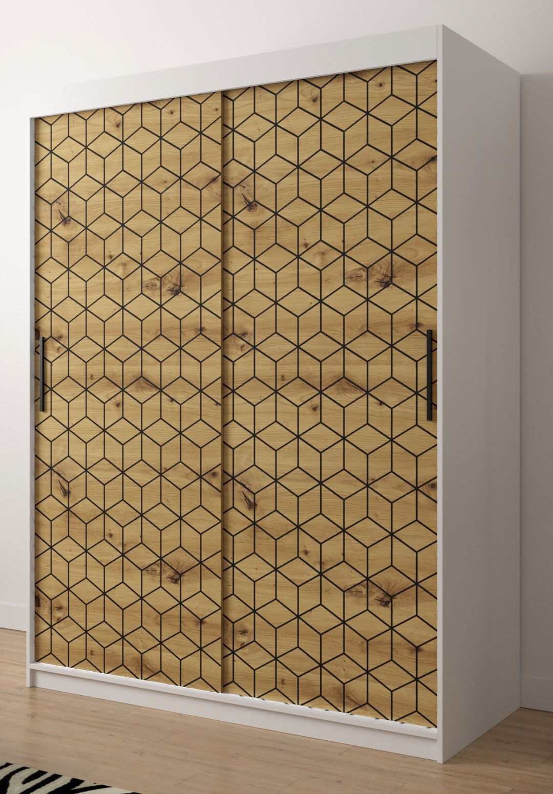 Moderner Kleiderschrank mit fünf Fächern Dom 51, Farbe: Weiß matt / Eiche Artisan - Abmessungen: 200 x 150 x 62 cm (H x B x T), mit Musterfront