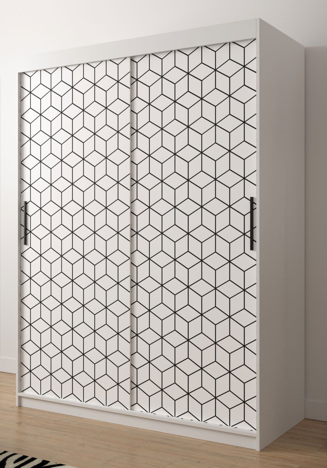 Eleganter Kleiderschrank mit modernen Design Dom 52, Farbe: Weiß matt - Abmessungen: 200 x 150 x 62 cm (H x B x T), mit fünf Fächern und zwei Kleiderstangen