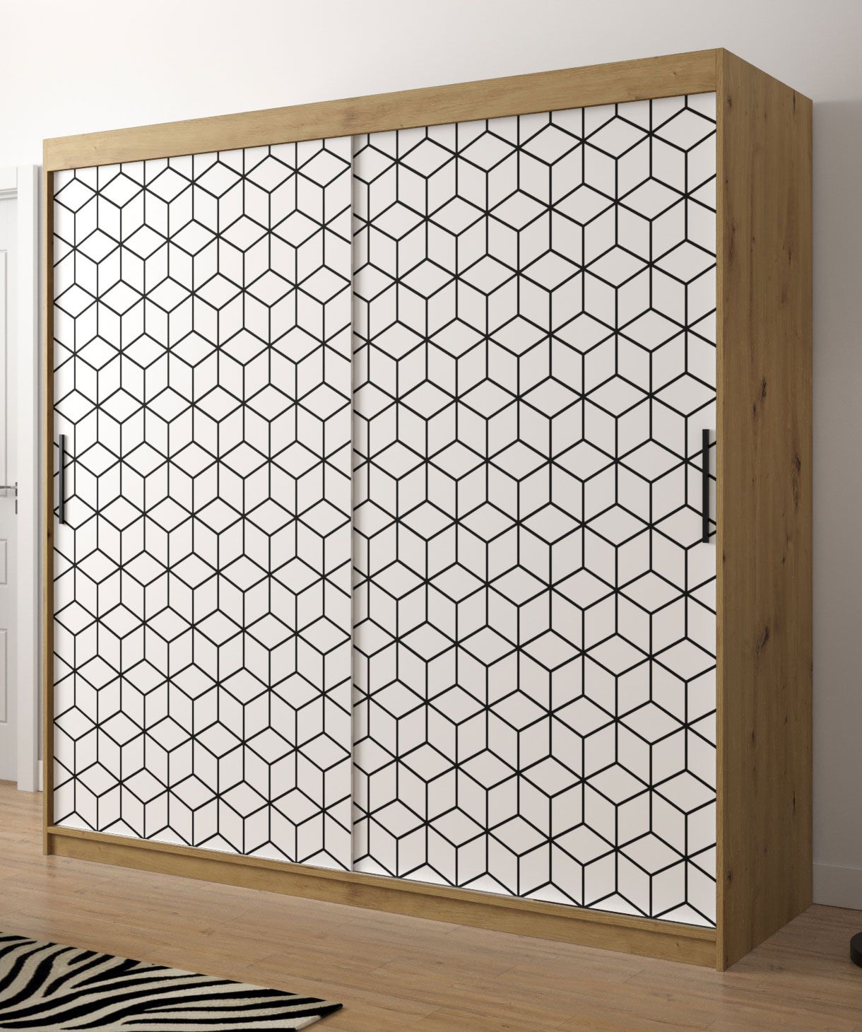 Kleiderschrank mit 10 Fächern  Dom 62, Farbe: Eiche Artisan / Weiß matt - Abmessungen: 200 x 200 x 62 cm (H x B x T), mit zwei Kleiderstangen