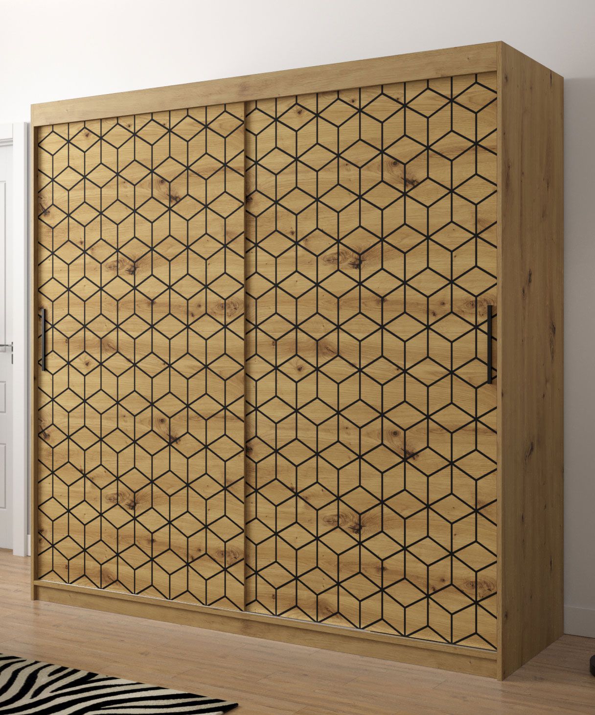 Kleiderschrank mit stylischen Design Dom 61, Farbe: Eiche Artisan - Abmessungen: 200 x 200 x 62 cm (H x B x T), mit genügend Stauraum