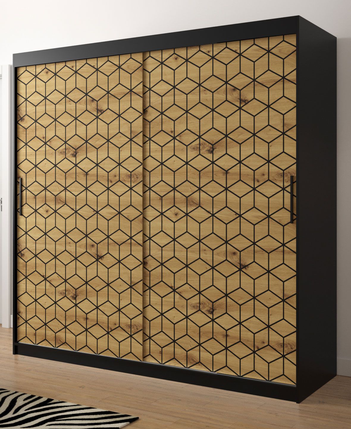 Edler Kleiderschrank mit genügend Stauraum Dom 65, Farbe: Schwarz matt / Eiche Artisan - Abmessungen: 200 x 200 x 62 cm (H x B x T), mit 10 Fächern und zwei Kleiderstangen