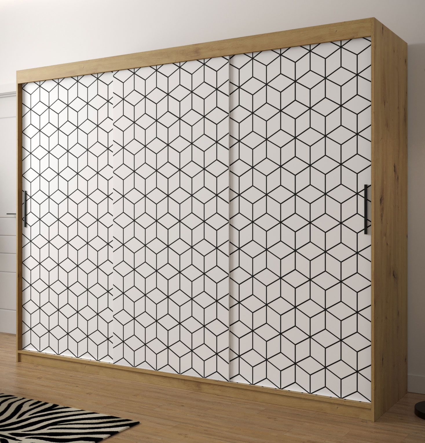 Großer Kleiderschrank mit drei Türen Dom 68, Farbe: Eiche Artisan / Weiß matt - Abmessungen: 200 x 250 x 62 cm (H x B x T), mit genügend Stauraum