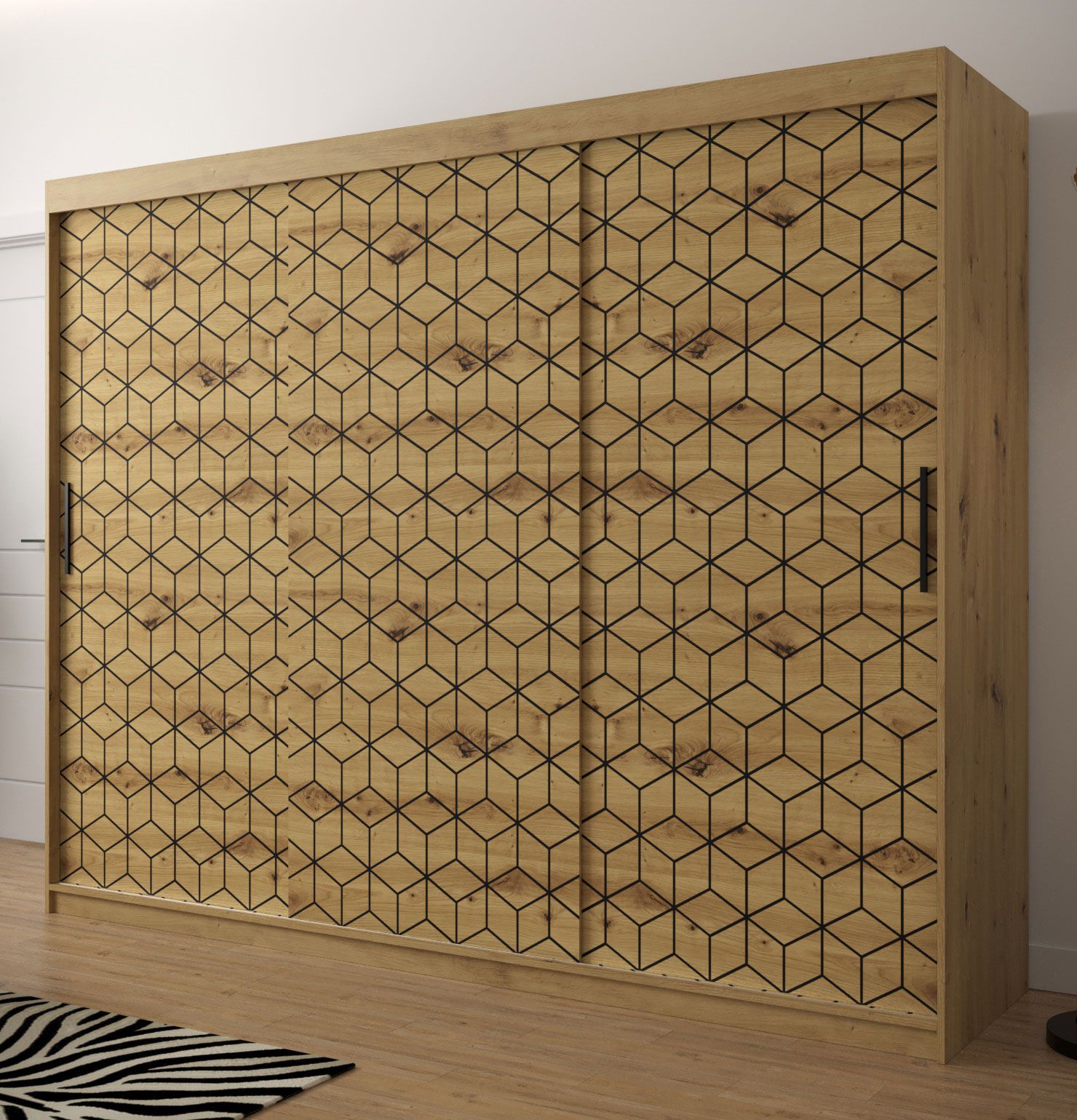 Kleiderschrank mit modernen Design Dom 67, Farbe: Eiche Artisan - Abmessungen: 200 x 250 x 62 cm (H x B x T), mit 10 Fächern und zwei Kleiderstangen